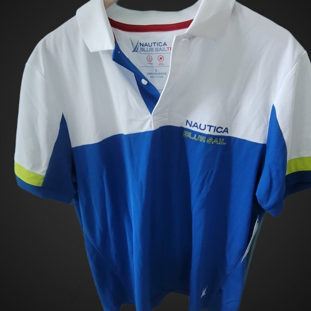 NAUTICA WHITE/ BLUE SAIL POLO LARGE